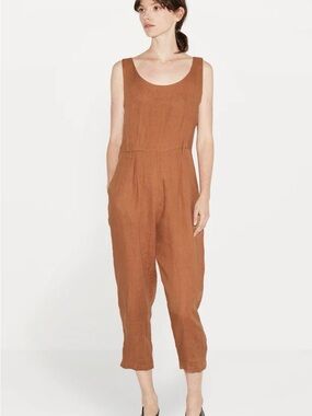 Sleeveless Rust Linen-Blend Jumpsuit with Pockets